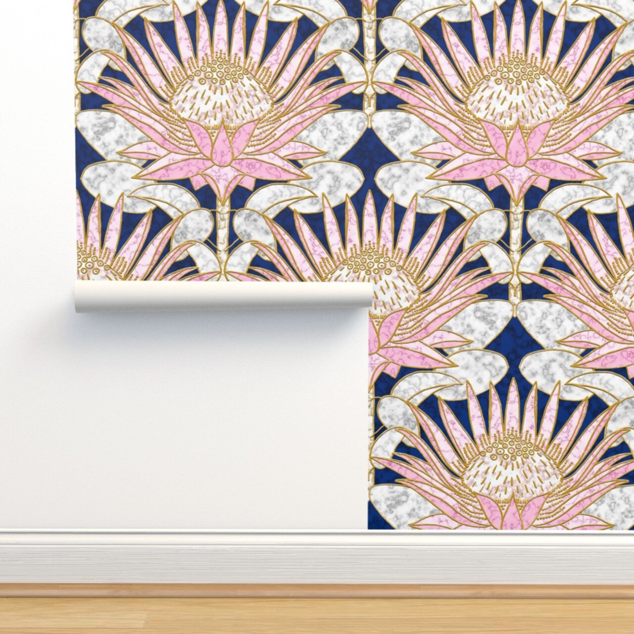 Blush Deco Floral Art Large Scale Marble Pink Flower Gold And Lotus William Morris Custom Removable Wallpaper by Spoonflower Peel & Stick Wallpaper 2FT Wide